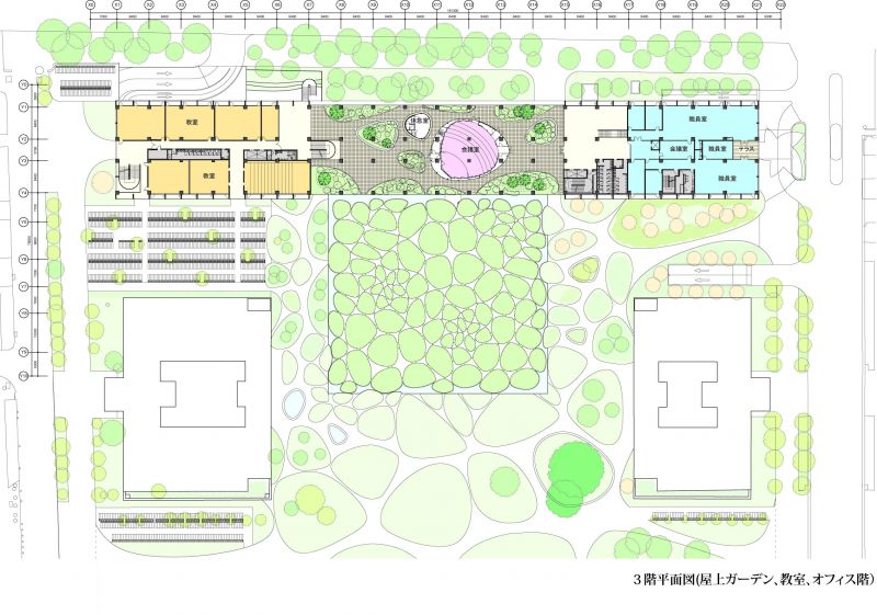 基地配置圖暨三層平面圖;圖面提供:伊東豊雄建築設計事務所
