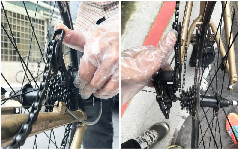 拆後輪時,需使用拇指將導鏈器下壓。(photo by 百穗)