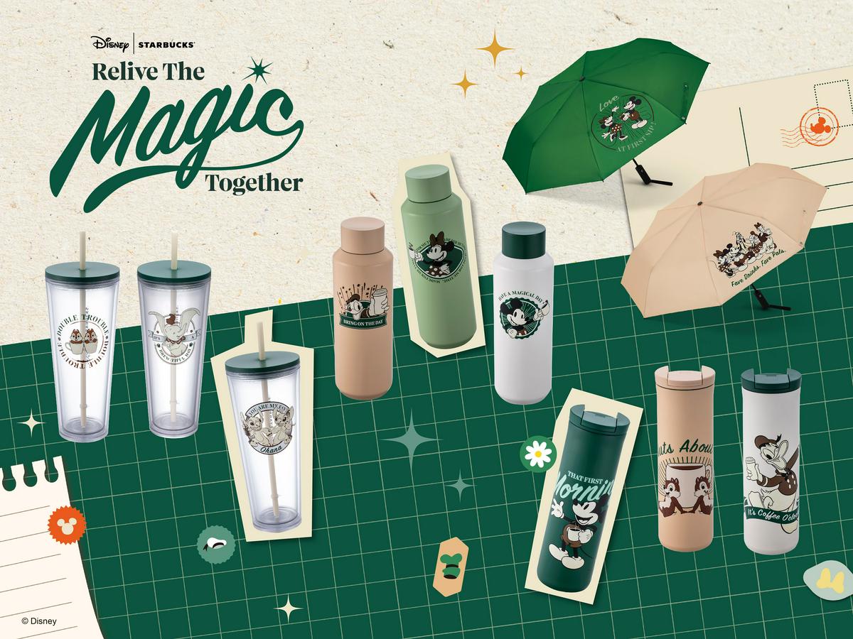 星巴克與Disney迪士尼攜手合作，首次推出復古懷舊系列「Relive the Magic Together」一起重溫魔法的聯名限定商品。
