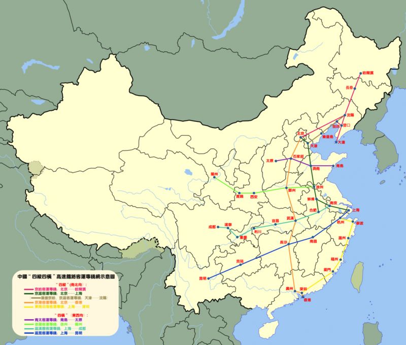 四縱四橫，中國鐵路最重要的主幹道。(圖片來源維基百科)