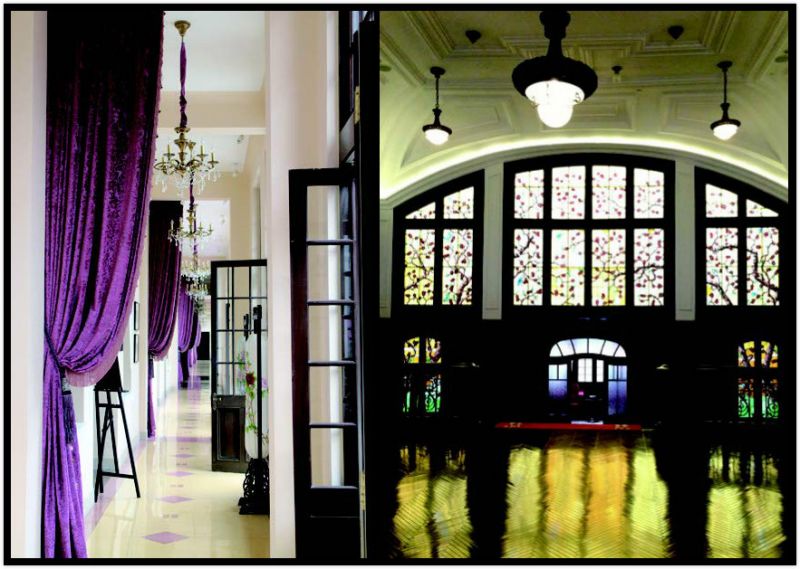 左:長廊上西方的水晶燈與中式的燈籠。右:1918年的巨型手繪玻璃。