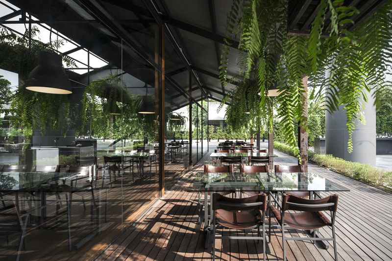 玻璃、輕鋼架及綠植栽成了餐廳的主要建築元素；圖片提供／DBALP