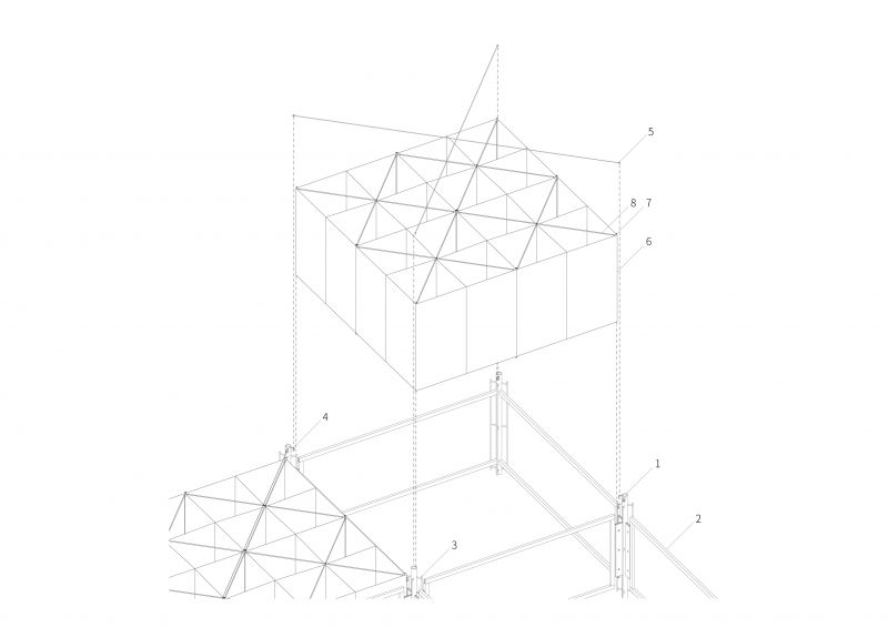 《浮光之間》局部爆炸圖／1.柱子、2.樑框架、3.風箏固定桿、4.拉桿固定點、5.拉桿、6.箱型風箏、7.T型套管、8.碳纖維管；圖片提供：沈庭增建築製作