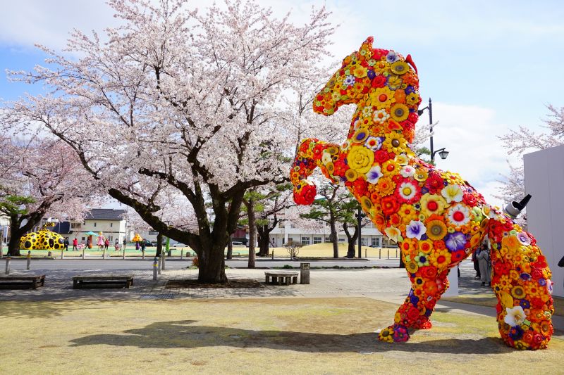 十和田現代美術館外最著名的作品之一，韓國藝術家崔正化的《花馬》。（圖：林芳如攝）