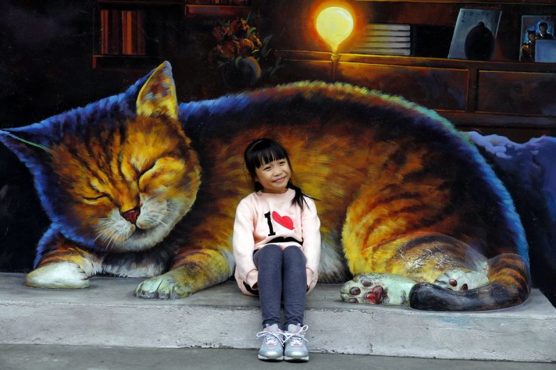 虎尾鎮上的貓咪彩繪牆，貓咪神情活靈活現。(欣傳媒資料)
