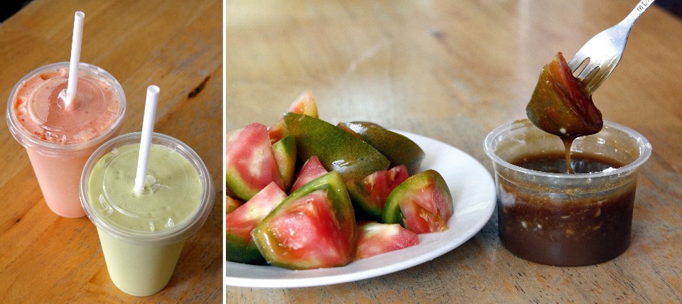 合庫木瓜牛奶與南部限定口味的水果拼盤。（攝影／散客）
