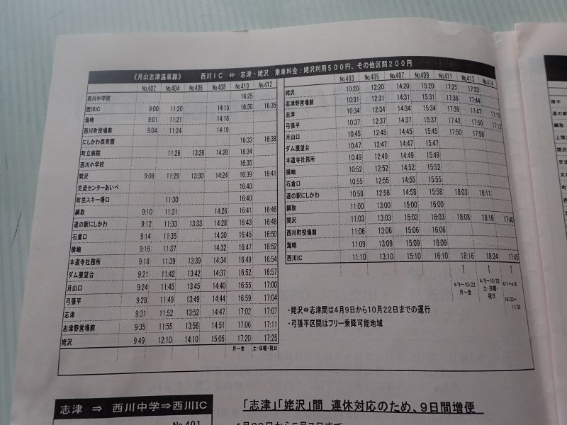 月山志津溫泉線的巴士時刻表 (娜塔蝦 攝)