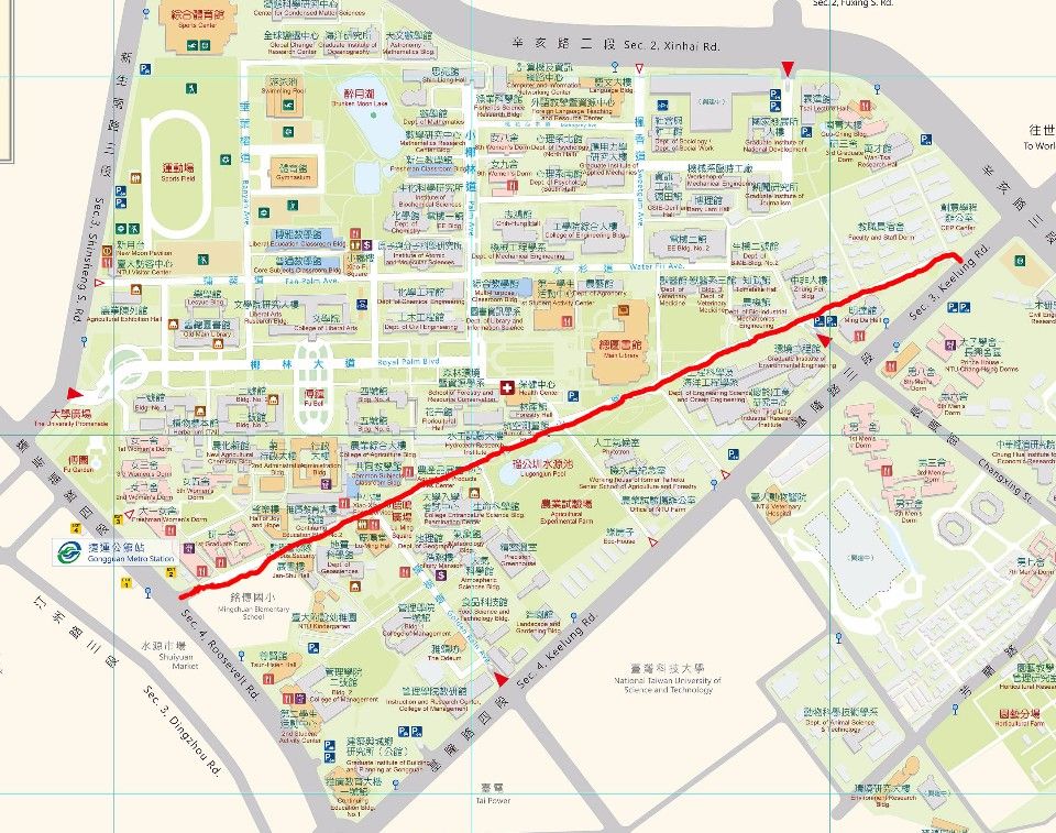 台大校園地圖，圖中標註紅線即為「舟山路」；圖片來源：台灣大學官方網站