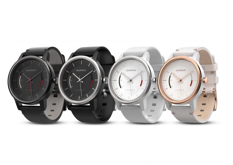Garmin推出第一款智慧指針錶vivomove，錶面顯示活動偵測與久坐提醒，時尚黑白中性配色與典雅外觀，可搭配舒適矽膠或皮革錶帶。(GARMIN提供)
