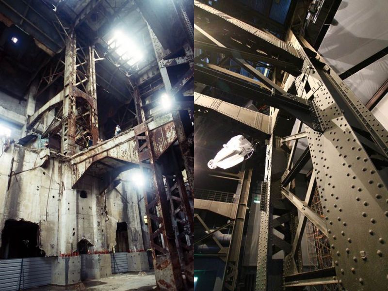 北火電廠鍋爐室的鋼構原貌(左)及保留再利用後的狀況;攝影/吳宜晏