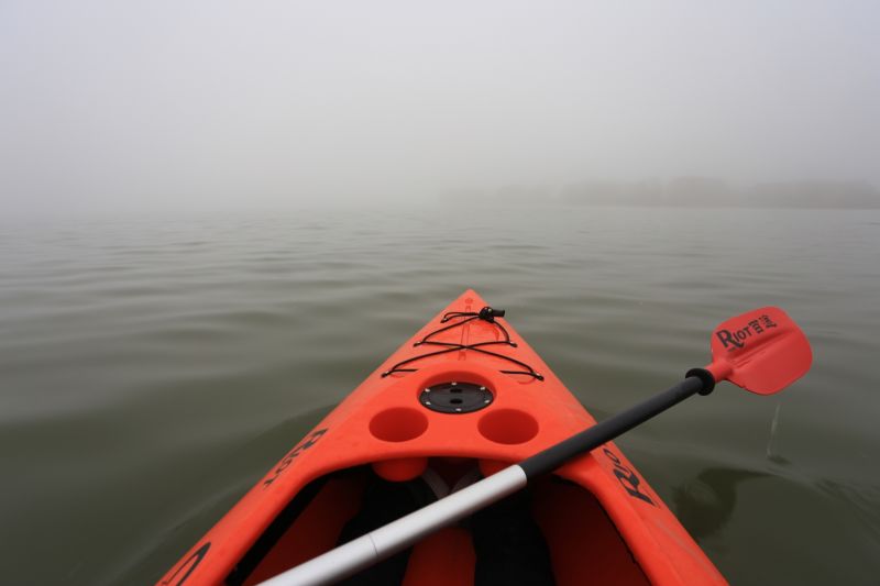 清晨朝霧中滑著輕艇別有一番風味